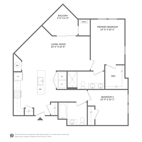 Floor plan for 2 beds, 2 baths, 1075 sqft